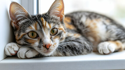 Adorable calico kitten resting on a windowsill, gazing intently.  Perfect for pet, animal, and home-related projects.