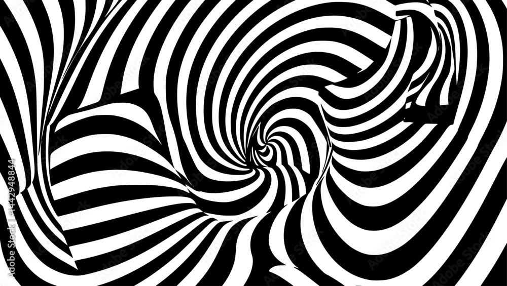Poster swirling black and white pattern creates optical illusion with dynamic, wavy lines, forming a hypnot