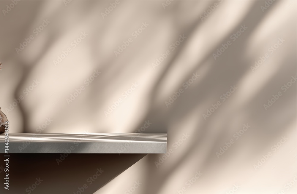 Poster a minimalist shelf with soft, natural light and shadow patterns on a neutral wall, creating a calm, 