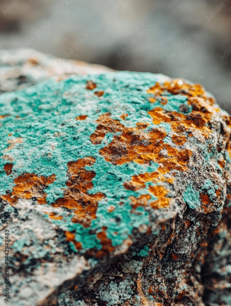 Poster close up of a rock covered with colorful lichen creating a unique texture and pattern on a blurred b