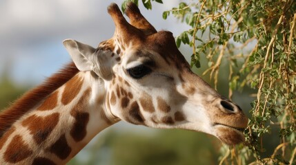 Obraz premium Giraffe Grazing on Tree Leaves in Natural Habitat