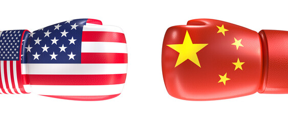 Boxing gloves showing american and chinese flags facing each other