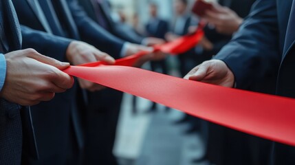 Businessmen holding red ribbon at outdoor ceremony