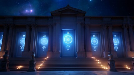 Mystical temple under night sky with illuminated zodiac symbols and candles
