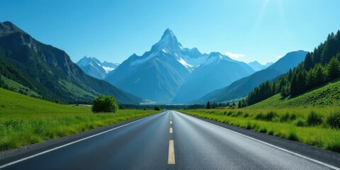 Naklejka premium Asphalt Road Winding Through Majestic Mountain Valley, Serene Landscape with Lush Green Meadows and Snow-Capped Peaks, Inspiring Journey Ahead