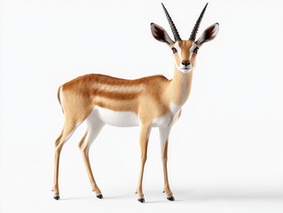 A gazelle stands against a plain white background