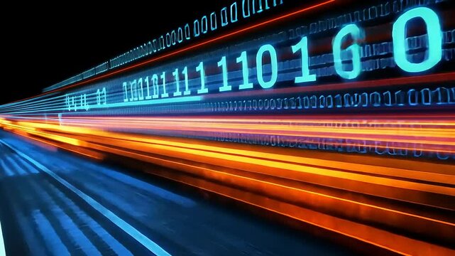 Light trails and binary code stream across a dark backdrop, symbolizing data flow