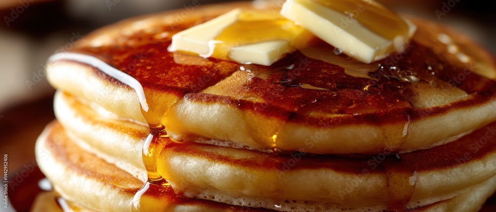 Poster stack of delicious pancakes topped with butter and dripping maple syrup capturing a warm and comfort