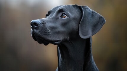 Alert black labrador portrait against blurred background