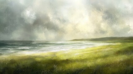 Obraz premium A serene coastal landscape painting of a grassy shore.