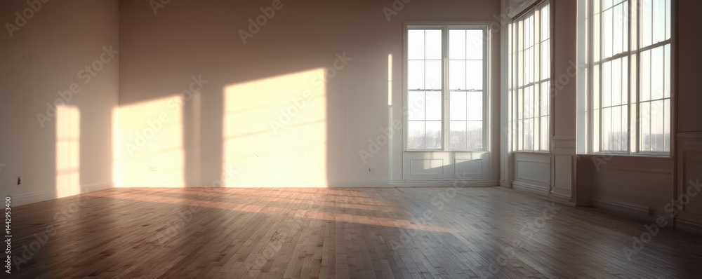 Poster sunlight streams through large windows, casting shadows on the floor of a spacious, empty room with 