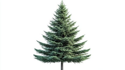 Obraz premium Tall green evergreen tree on white background with full branches and symmetrical shape