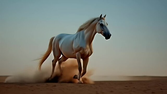 White Horse Running on Desert Landscape

