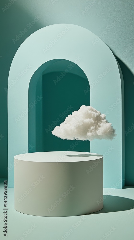 Aufkleber dreamy cloudscape presentation stage with soft teal archway and cylindrical platform evoking serene 