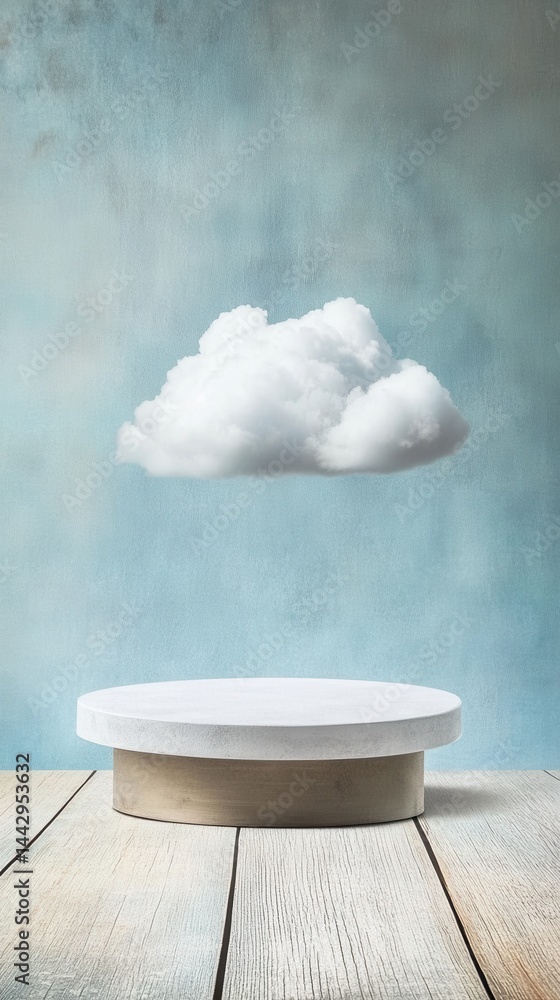 Aufkleber serene presentation of a fluffy cloud hovering above a minimalist platform on wooden surface against