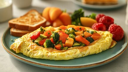 Colorful vegetable omelet served with toast and fresh fruit on plate