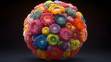 Vibrant sphere of colorful anemones a burst of life texture and form against a dark background