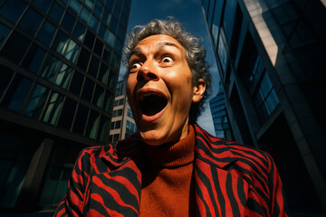 Dramatic low angle shot of a middle-aged man with grey hair, wide eyes, and open mouth expressing shock or amazement, wearing a red zebra-print jacket in a city.