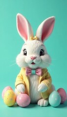 Stylish bunny in shades displays pastel Easter eggs against teal , cute, sunglasses