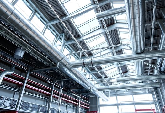 Spacious Industrial Interior, Clean Facility. Silver Ductwork On Ceiling, Shiny Pipes. Natural Light Streaming In, Functional Metal Grates. Red Structures Below, Modern Factory.