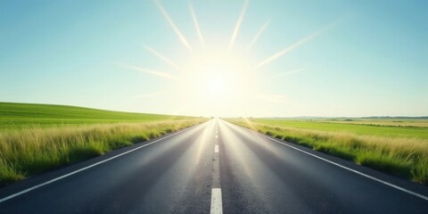 Fototapeta premium Asphalt road stretching towards a bright sun, flanked by verdant fields and tall grasses under a clear summer sky, promising a journey of discovery and new beginnings.