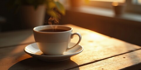 Warm Morning Beverage on Rustic Wood Surface A steaming cup of coffee sits on a saucer, bathed in the golden light of the rising sun, creating a tranquil and inviting atmosphere.