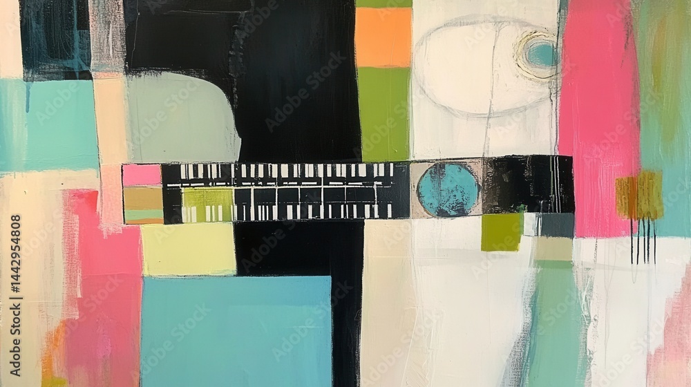 Poster vibrant abstract painting featuring geometric shapes and bold brushstrokes creating a modern artisti