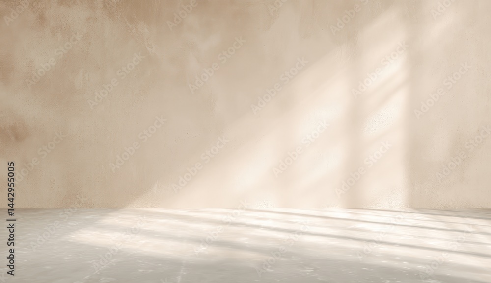 Poster sunlight streams through a window, casting soft shadows on a minimal, empty beige room with textured