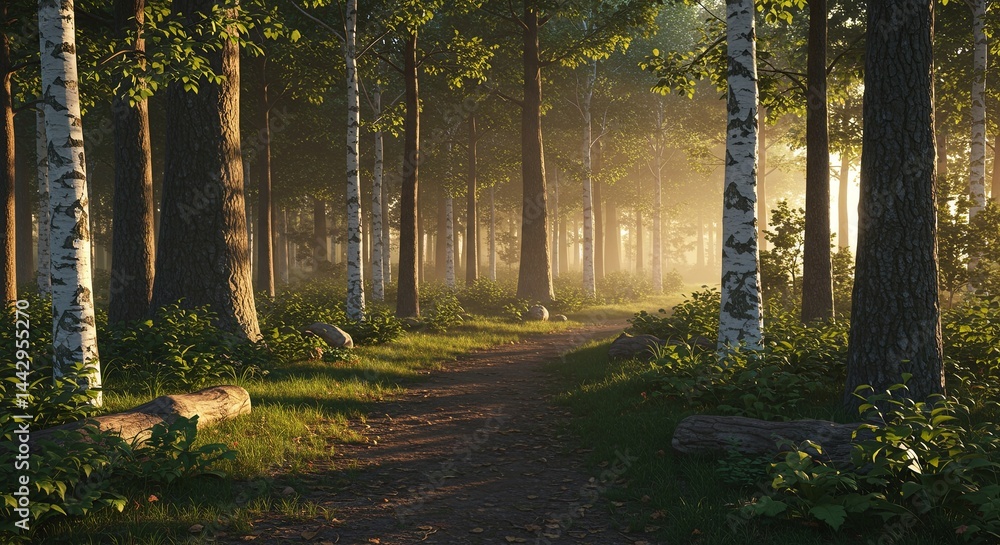 Aufkleber A forest path with trees in the background