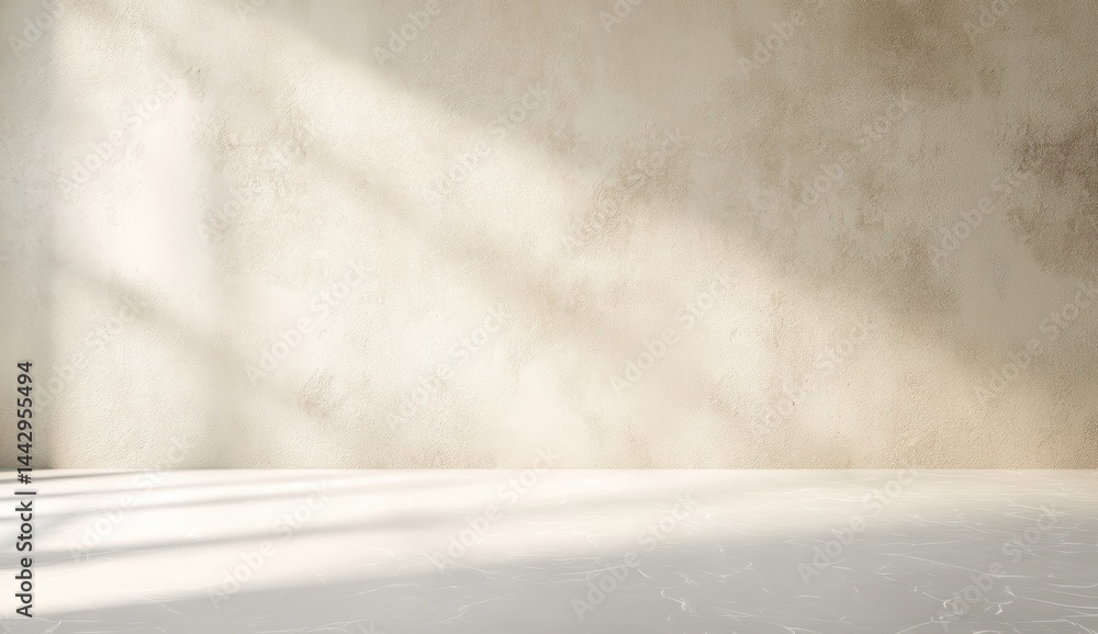 Poster a under 200 characters: sunlight streams across a blank textured wall and empty floor, creating a se