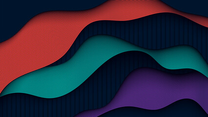 Abstract wavy line pattern with vibrant colors of red, teal, and purple on a dark background