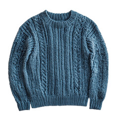 A  deep teal cable-knit sweater, featuring vertical cable patterns, presented as a fashion item.