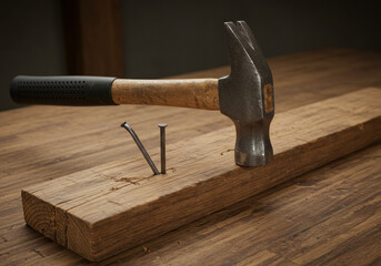 The hammer rests on wood.