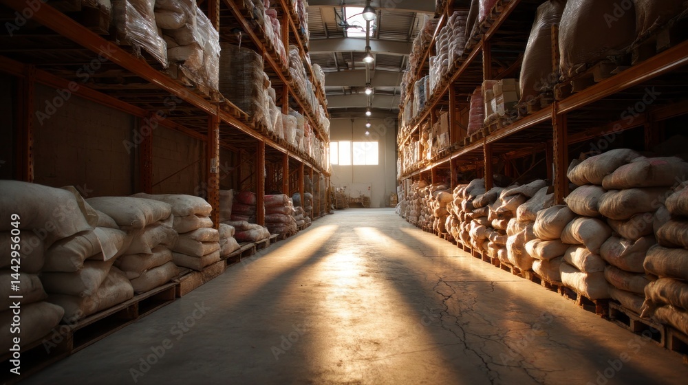 Poster warm golden light streams through the warehouse windows, casting soft shadows on the concrete floor