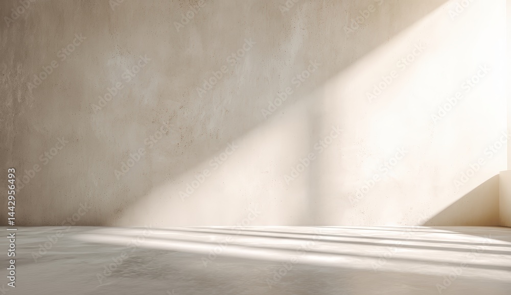 Poster a under 200 characters: minimalist empty room with textured beige walls and sunlight streaming acros