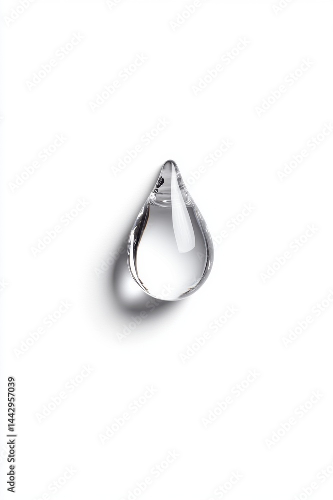 Poster clear glass drop on white surface reflecting light with minimalist aesthetic and clean studio backgr