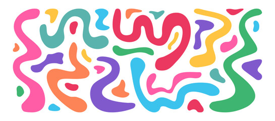 Shape organic, funky line wavy, liquid blob, curve doodle element, abstract bold paint scribble, colorful fluid form, groovy kid bubble isolated on white bg. Fun stripes hand draw. Vector illustration
