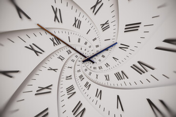 Abstract modern white spiral clock dial with roman numerals. Concept of Infinite time, deadline, scheduling, time and space, past, present and future.
