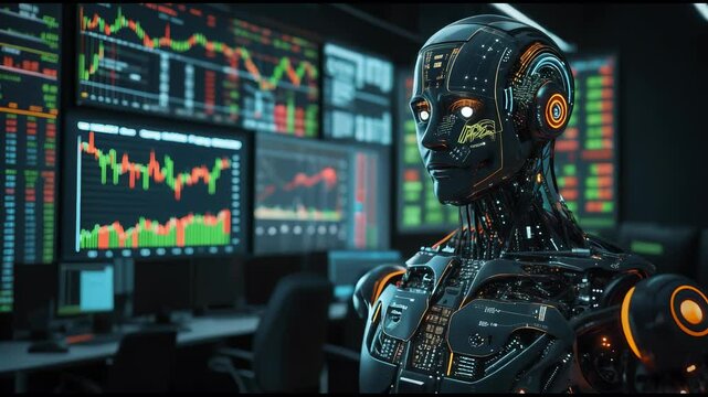 Robot analyzes data on trading monitors. Robot focuses on digital data streams. Automation used by robot to interpret data. Cyber robot reviews data insights. AI monitors digital technology signals.