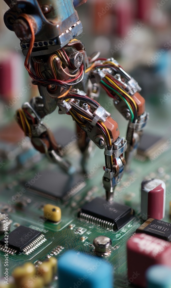 Poster robot hand assembling components on a circuit board in a workshop
