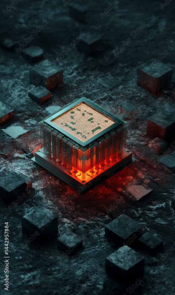 Poster modern microprocessor design illuminated on a dark surface