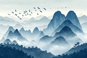 Serene Blue Mountain Landscape Misty Peaks and Flying Birds