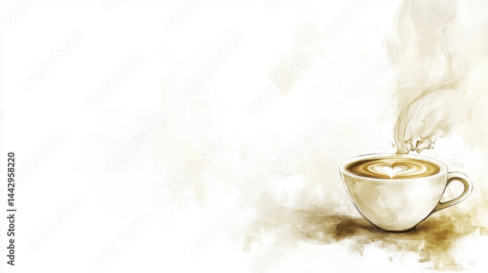 Poster artistic latte art in a white cup with a heart design on a white background creating a warm and invi