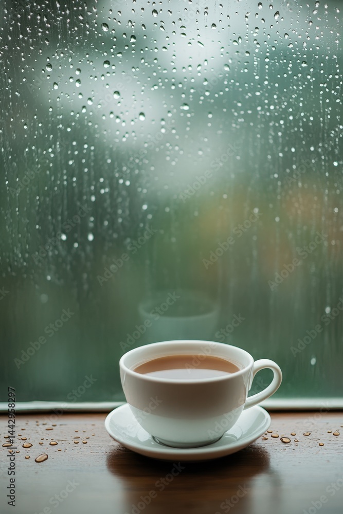 Aufkleber cozy cup on a rainy day window scene capturing a peaceful moment with raindrops and soft light creat