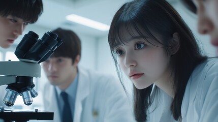 People working with microscopes in laboratory setting