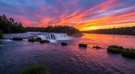 Obraz premium Waterfall at sunset scenic landscape with colorful sky and river
