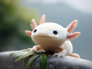 Adorable axolotl portrait on stone ledge with lush green foliage in soft focus whimsical amphibian with a gentle expression and unique gills
