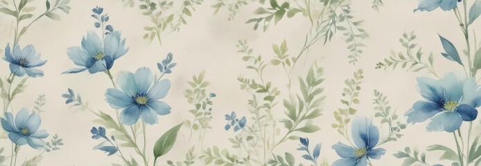 Subtle blue and green watercolor flowers on a creamy backdrop, delicate pattern , leaves, pastel
