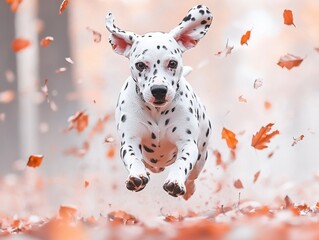 Energetic dalmatian puppy joyfully running through falling autumn leaves in a playful outdoor scene with a blurred background showcasing canine vitality and seasonal beauty