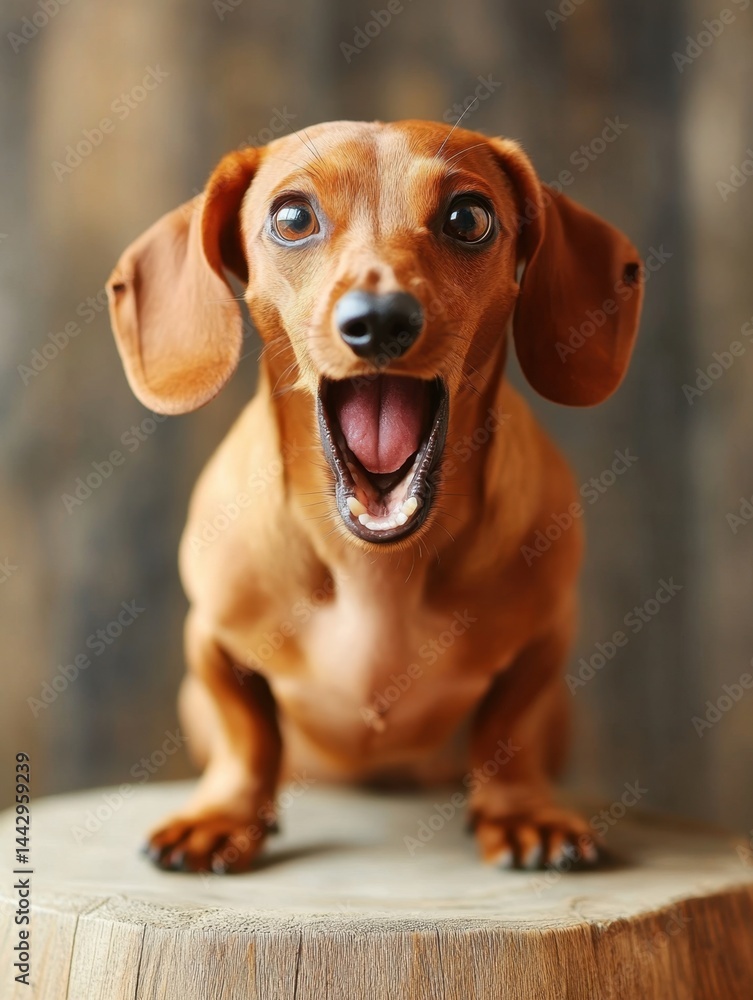 Poster adorable dachshund puppy with open mouth sitting on a wooden surface looking at the camera with a cu